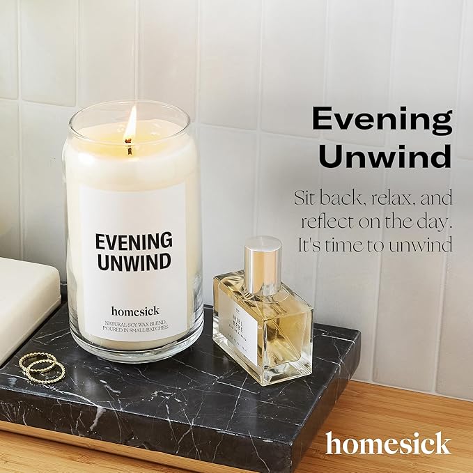 Homesick Scented Candles for Home (Evening Unwind) - 13.75 oz Long-Lasting Natural Soy Wax Blend Jar Candle Gifts for Women & Men, 60-80 Hours Burn Time - Notes of Valencia Orange, Melon & Moss - Bloomnest