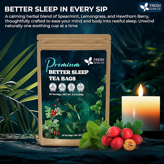 FreshDrinkUS, Premium 75 Tea Bags Better Sleep Herbal Tea | Special Herbal Sleep Tea, Caffeine-Free Loose Leaf Blend with Spearmint Leaves, Lemongrass Leaves, and Hawthorn Berry – Naturally Refreshing and Aromatic. - Bloomnest