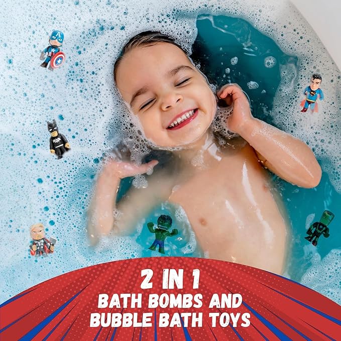 Superhero Bath Bombs for Kids with Surprise Toys Inside (6 Pack) - Large Bubble Bomb Fizzies for Boys, Girls, & Toddlers - Fruity Scents, Relaxing Aromas, Made in USA, Birthday Gift by Two Sisters - Bloomnest