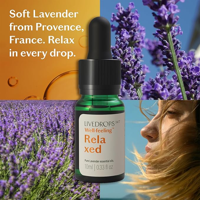 LIVEDROPS 24/7 Relaxed Lavender Essential Oil, Natural Vegan Aromatherapy for Diffuser or Diluted Skin Use, Calming Floral Herb Scent, Made in France, Bottled in USA, Clinically Tested, 10ml - Bloomnest