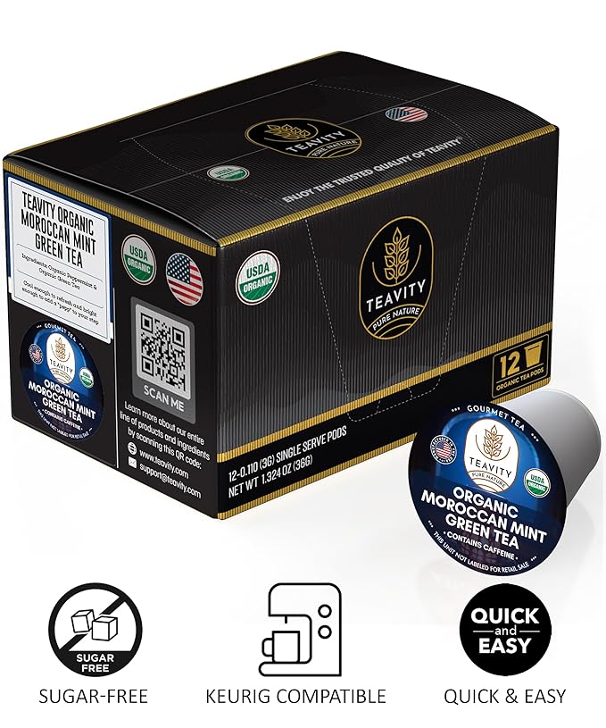 Organic Moroccan Mint Tea and Green Tea Pods for Keurig - Caffeinated Unsweet Tea for K Cup Brewing by Teavity (24 Tea Pods) - Bloomnest