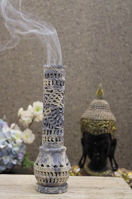 Carry Me Marble Soapstone Incense Stick Holder | Candle Burner | Tea Light Stand - Perfect Handmade Bottle Tower. Decorative Floral Carving for Gifting - Home and Office Decor - (2.5x2.5x10 Inches) - Bloomnest