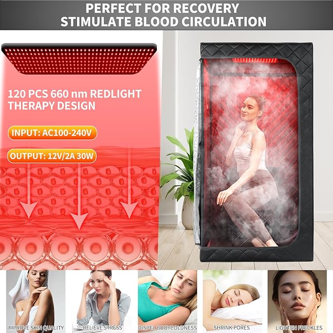 Portable Steam Sauna for Home with 660nm Red Light Therapy, 1 Person Infrared Sauna, Full Body Sauna Tent for Relaxation,1 Person Red Light Infrared Sauna Box, 3L&1100W Sauna Steamer iDOTODO