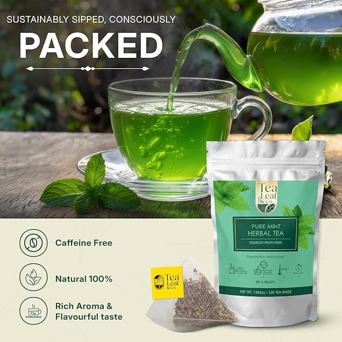 Tealeaf & Co. Pure Mint Herbal Tea Bags Blended with Fresh Herbs - Spearmint & Peppermint Tea - Contains Low Caffeine - Gluten Free - 100 Teabags (7.055oz/200gm) - Bloomnest