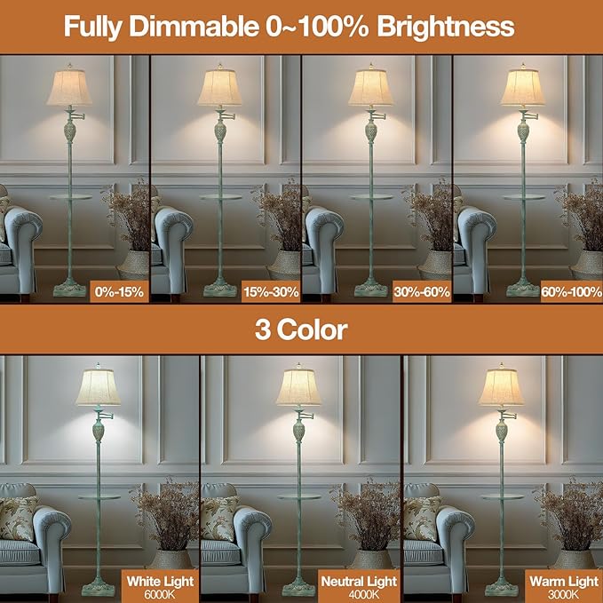 Traditional LED Floor Lamp with 350° Adjustable Swing Arm Lamp – Vintage Standing Pole lamp for Living Room, Bedroom and Office – Rustic Upright Floor Light for Home Décor with Silk Fabric Shade - Bloomnest