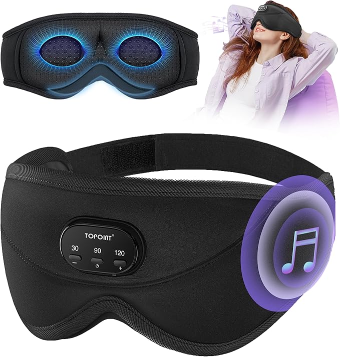 Sleep Mask with Bluetooth Headphones Wireless, TOPOINT 3D Eye Mask for Sleeping Headphones Women Men with Noise Canceling Earbuds, Thin Speaker, Blackout, 15 Hours for Travel, Meditation, CPAP Users - Bloomnest