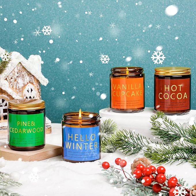 Winter Candle Gift Set, 4 Pack 7 oz Soy Scented Candles for Home, Christmas, Holiday & Birthday Gifts for Women & Men, Includes Hello Winter, Pine & Cedarwood, Hot Cocoa, and Vanilla Cupcake - Bloomnest