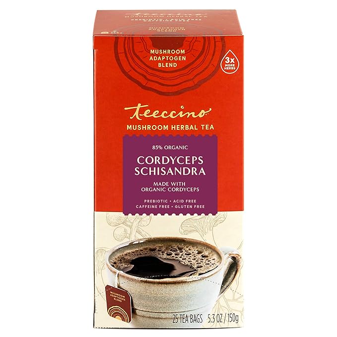 Teeccino Cordyceps Schisandra Tea - Cinnamon Berry - Caffeine Free Mushroom Adaptogenic Herbal Tea, 3x More Herbs Than Regular Tea Bags, Naturally Sweet, Gluten Free, Prebiotic - 25 Tea Bags - Bloomnest