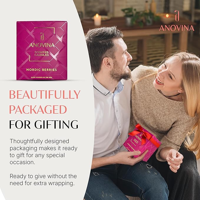 Anovina Nordic Berries Luxury Scented Candles | Exotic Nordic-Inspired Lingonberry, Rose & Musk Soy Blend Jar Candle | Hand Poured in USA | Highly Scented & Long Lasting - Bloomnest