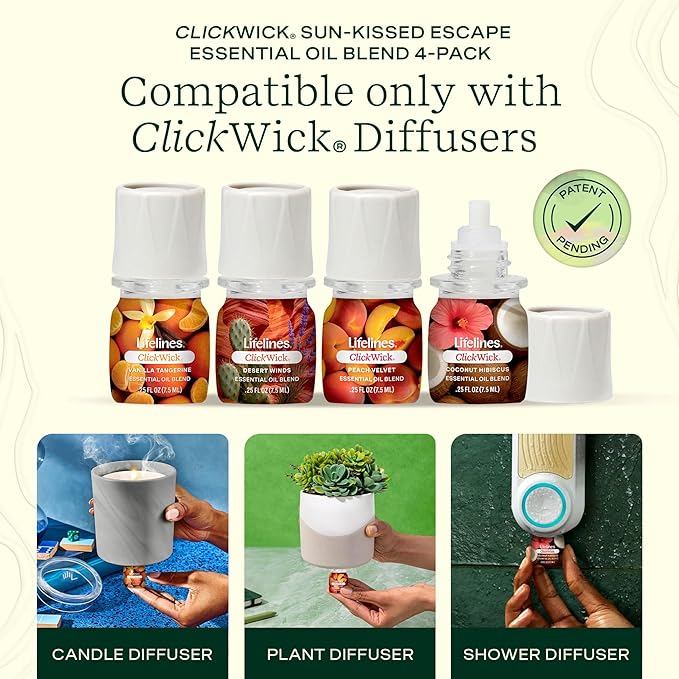 ClickWick Essential Oil Blends for Lifelines Diffusers, 4-Pack Sun-Kissed Escape - Essential Oil Blend Refill for Candle, Plant & Shower Aromatherapy Diffuser - Fragrance for Diffusers - Bloomnest
