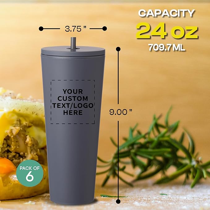 DISCOUNT PROMOS Custom Kenai Plastic Tumblers with Straw 24 oz., Set of 6, Personalized Bulk Pack - Ideal for Busy Professionals, With lids, Ice Coffee Tumbler, To Go Cup, Insulated - Charcoal - Bloomnest