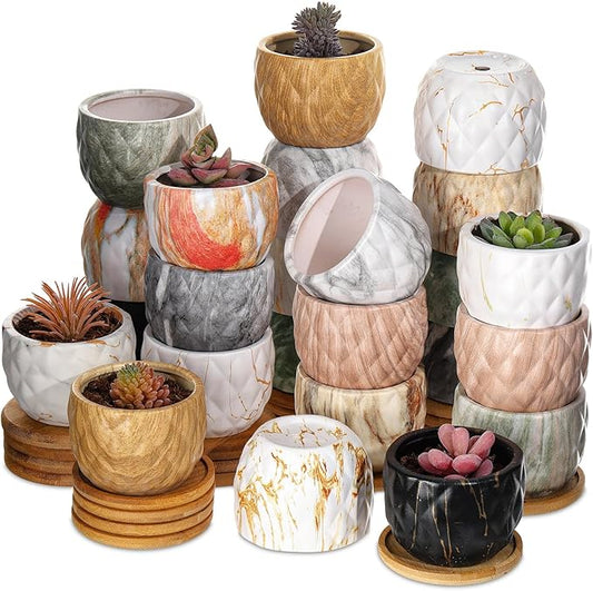 24 Pcs Marbling Ceramic Flower Pot 3.35 Inch Succulent Small Plant Cactus Herbs Planter Ceramic Pot with Drainage Hole Matte Round Container (Simple Style) - Bloomnest