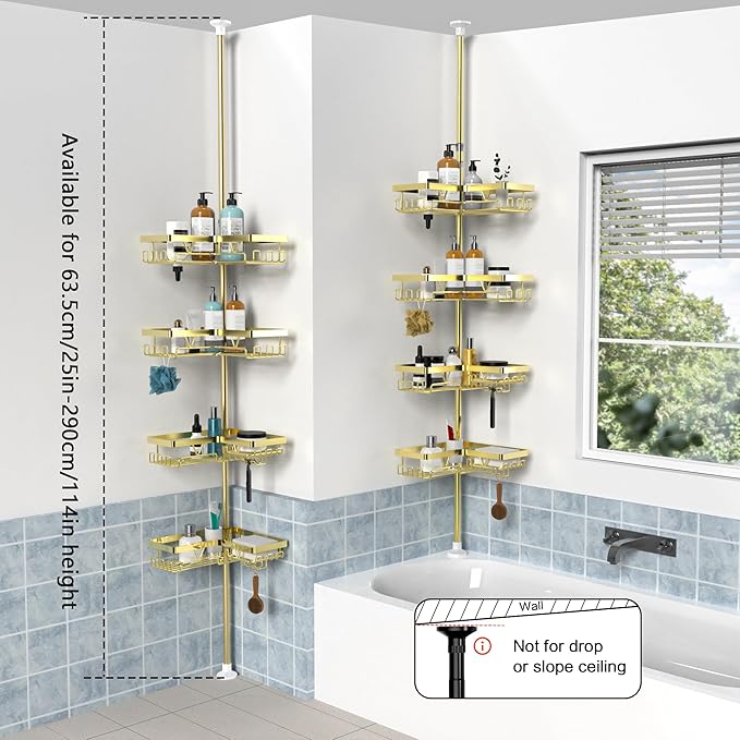 KEGII Corner Gold Shower Caddy Tension Pole - 4-Tier Rustproof Shower Rod Organizer, Floor to Ceiling Tension Rod 25-114.2 inch, Stainless Steel Corner Shower Shelf, Waterproof - Bloomnest