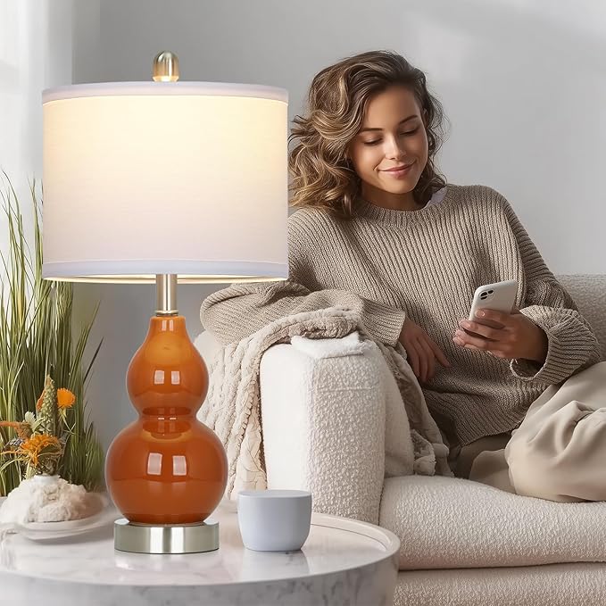 22" Modern Double Gourd Ceramic Table Lamps Set of 2, Red Bedside Lamps for Living Room, Contemporary Nightstand Desk Lamps for Bedroom End Table Home Office Decor(2 LED Bulbs Included) - Bloomnest