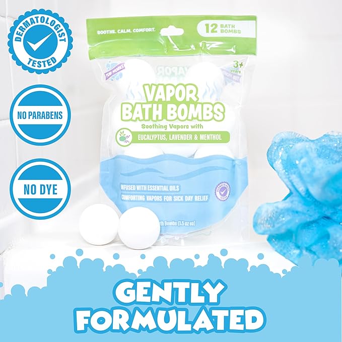 Tub Works® Vapor Bath Bombs for Toddlers & Kids, 12 Pack | Natural Essential Oils for Aromatherapy | Calming Eucalyptus Bath Bomb with Lavender & Menthol for Cold, Flu & Congestion Relief - Bloomnest