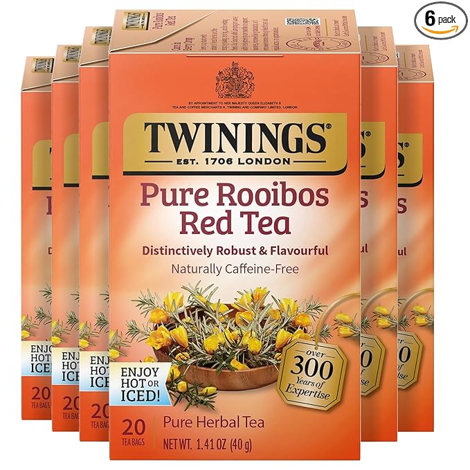 Twinings Pure Rooibos Red Herbal Tea Individually Wrapped Bags, 20 Count (Pack of 6), Sweet with Uplifting Aroma, Naturally Caffeine-Free, Enjoy Hot or Iced, 120 Teabags - Bloomnest