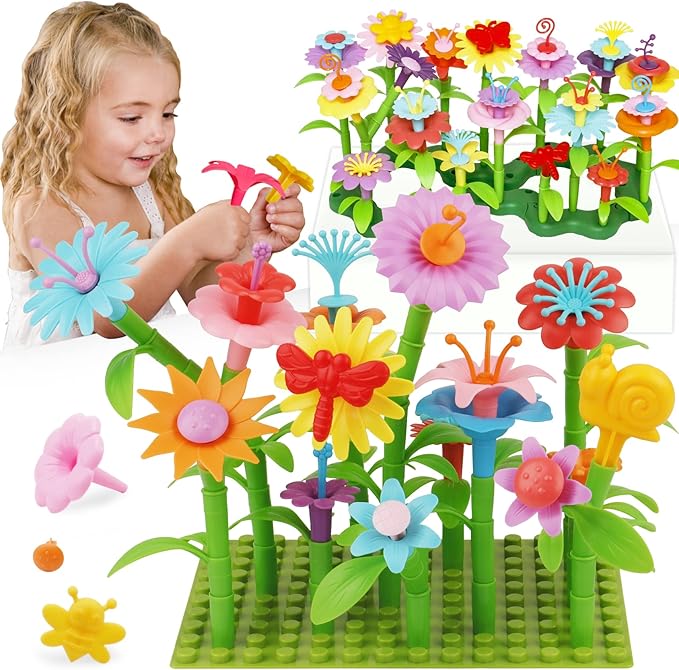 3-6 Years Old Toddler Toys - Flower Garden Building Toy with Insect Pegs, Educational Activity Gifts for Girls Preschool-Kindergarten, 153Pcs STEM Stacking Pretend Play Set - Bloomnest