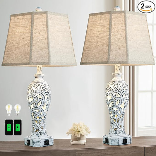 25'' Farmhouse Table Lamps Set of 2 for Living Room Bedroom, 2 USB Ports Rustic Vintage Nightstand Table Lamp with Nightlight, Hollow Out Resin Lamp for End Table (Bulbs Included) - Bloomnest