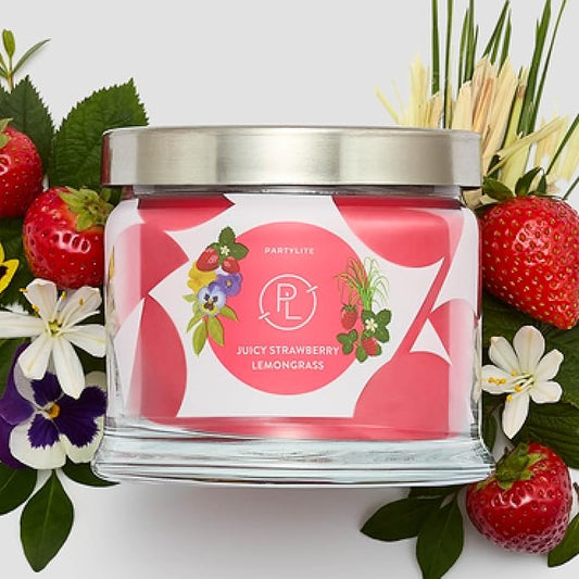 PartyLite Juicy Strawberry Lemongrass Scented, Notes of Lemongrass, Eucalyptus, Pansies, Verbena & Cedarwood, 13.2oz 3-Wick Jar Candle, 45 Hour Burn Time, Luxurious Fragrance, Ideal for Gifting - Bloomnest