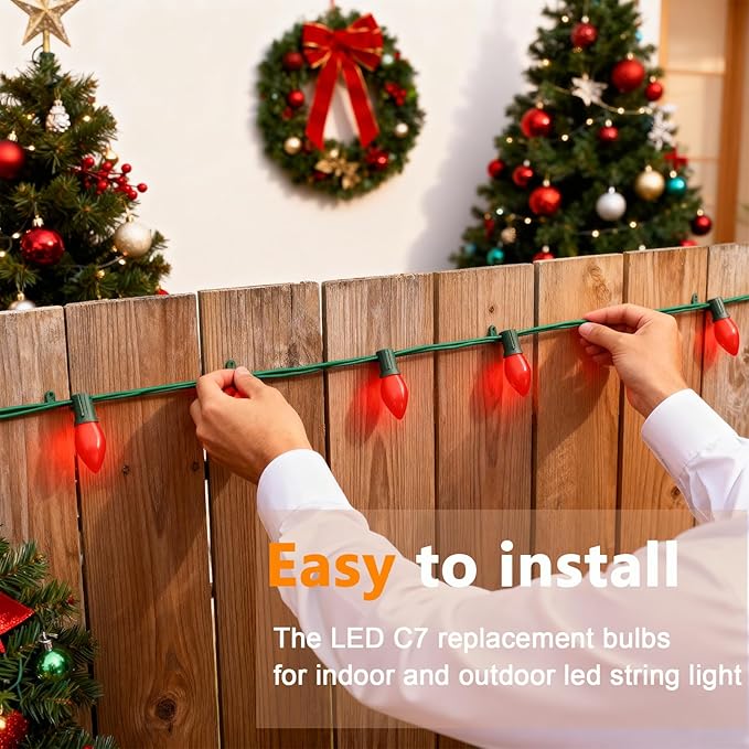 C7 Red LED Light Bulb,25 Pack 0.6w C7 Ceramic Christmas Candle Bulbs With E12 Candelabra Base Vintage Red Replacement Bulbs For Indoor Outdoor Valentine Christmas String Lights, Night Light Bulb - Bloomnest