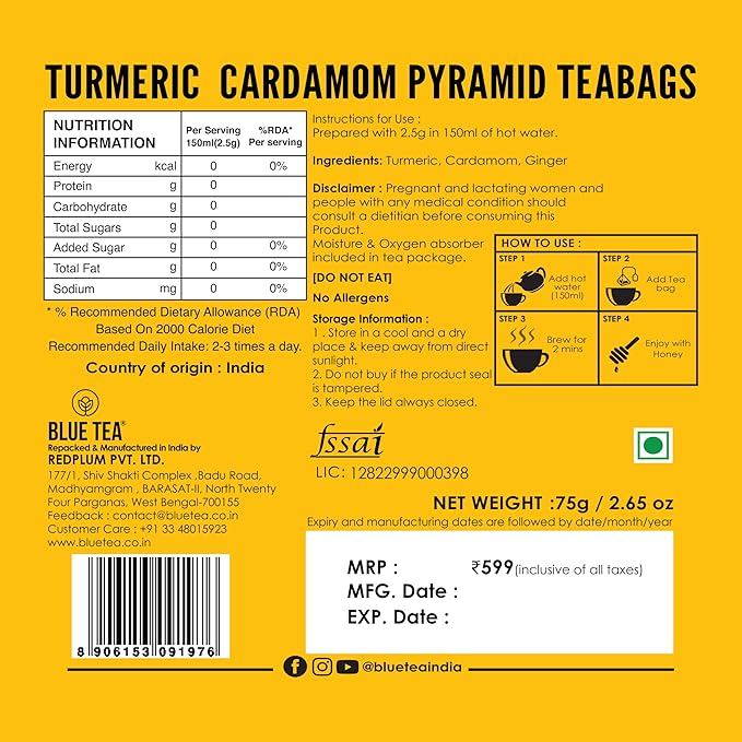 BLUE TEA - Turmeric Tea - Cardamom - 30 Count - Praymid Plant Based Tea Bag | Black Deals Friday 2025 | CURCUMIN RICH - HERBAL BLEND | Herbal Tea - Caffeine Free - Gluten Free - Earthy Flavor | Reusable Tin Pack - Bloomnest