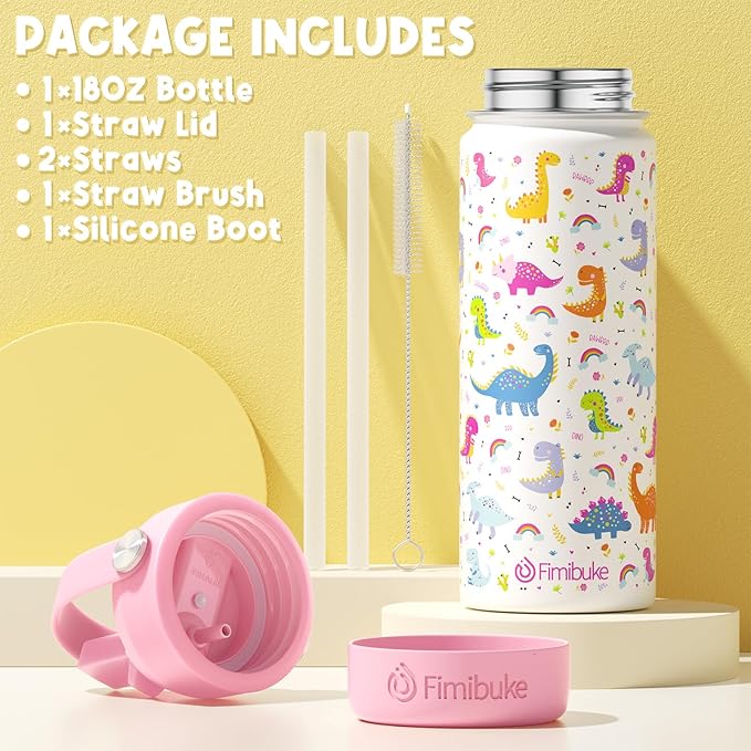 Fimibuke Kids Insulated Water Bottle, 18oz BPA FREE 18/8 Stainless Steel Kid Cup with Straw Travel Tumbler Double Wall Vacuum Leak Proof Toddler Water Bottle for School Boy Girl(1 Pack,Blue Dinosaur) - Bloomnest