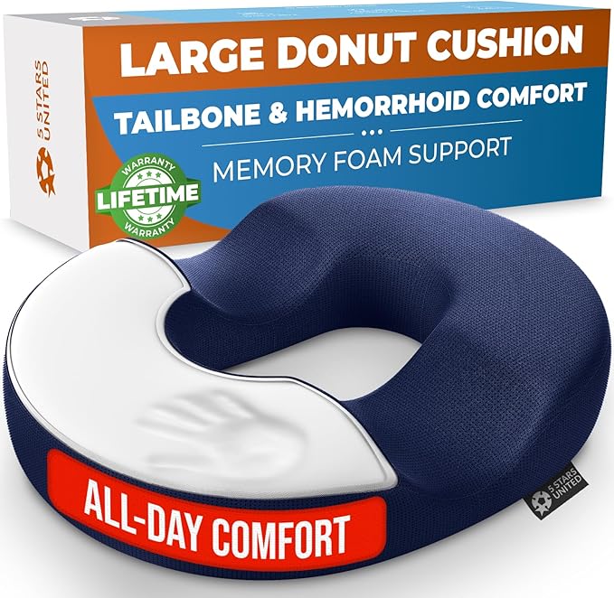 5 STARS UNITED Donut Pillow Hemorrhoid Tailbone Cushion – Large Cushion for Pain Relief – Coccyx, Prostate, Sciatica, Pelvic Floor, Pressure Sores, Pregnancy, Postpartum Recovery, Blue - Bloomnest