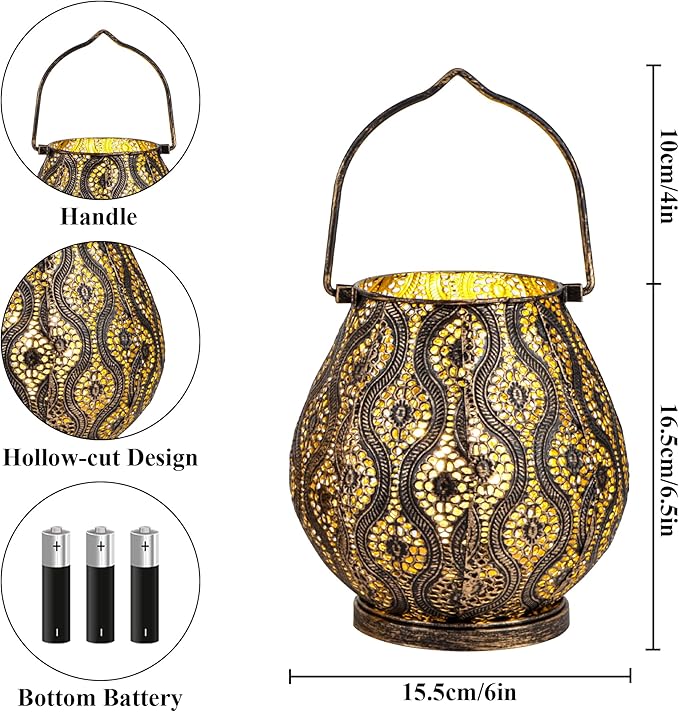 TRIROCKS Set of 2 Moroccan Decorative Lamps 8'' High Cordless Lamp Metal Table Lamps with Fairy Lights Bulb for Home Living Room Garden Yard Party Events Tabletop Indoor Outdoor(Black) - Bloomnest