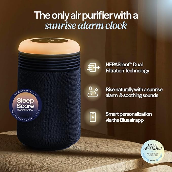 BLUEAIR Purifier for Bedroom - Mini Restful - Sunrise Clock with HEPASilent Filtration and Wake Up Light - Cleans Air and Supports Circadian Rhythm - USB-C and App Connectivity, Blue - Bloomnest