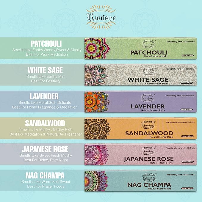 Raajsee Natural Incense Sticks,6 Pack Mixed Scents Gift Pack 15 gm Each (90 gm Total), Insense Sticks Variety Pack, 100% Organic Non Toxic Natural - Hand Rolled Free from Chemicals RAAJSEE