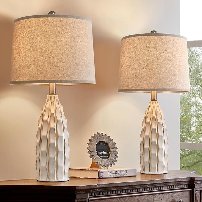 Ceramic Table Lamps Set of 2, 23.75" Modern Farmhouse Bedside Lamp - Cream Nightstand Lamps for Bedroom, Boho Living Room End Tables, Small Office Desk Lamp Decor - Bloomnest