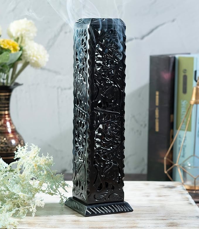 Crocon Black Marble Soapstone Incense Stick Burner Square Shape Leaf & Half Wheel Carving Tower Burner | Tea Light Candle Holder | Decorative Home & Kitchen Size - LxWxH 3X3X11 Inch
