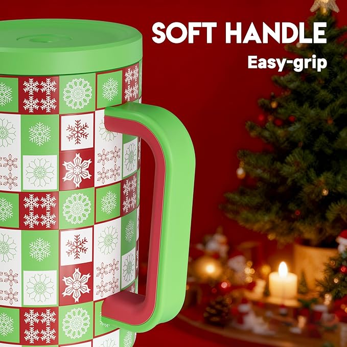 Meoky 40 oz Christmas Tumbler with Handle and Straw, Xmas Tumbler with Lid and Straw, Insulated Stainless Steel Travel Mug, Christmas Gifts for Women Men Adults (Holly Check) - Bloomnest