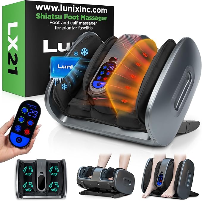 Lunix LX21 Feet Massager with Remote for Pain Relief, Circulation and Heat Therapy, Foot and Calf Shiatsu Massager for Plantar Fasciitis and Neuropathy, Ankle Device, Gray - Bloomnest