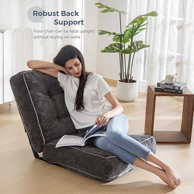 MAXYOYO Adjustable Floor Chair with Back Support, Gaming Floor Meditation Chair with Tufted Cushion, Adults Lounge Couch Folding Sofa Seat for Reading Meditating Sleeping, Dark Grey - Bloomnest