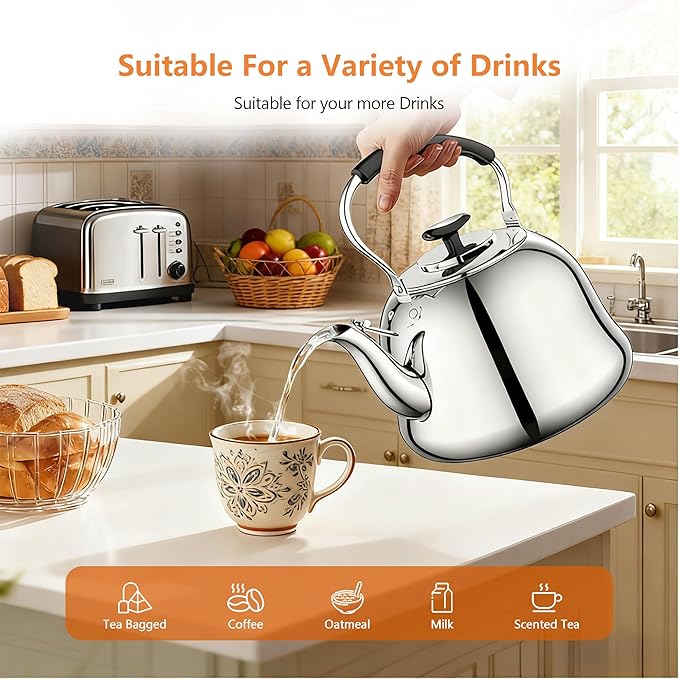 2L Whistling Stovetop Tea Kettle - Food Grade Stainless Steel Teapot with Fast Boil, Wide Mouth, Anti-Scalding Handle, Ideal for Stove Top – Perfect for Tea, Coffee & Hot Water - Bloomnest