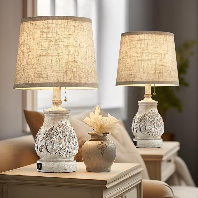 19.5'' Farmhouse Table Lamps for Bedrooms Set of 2 Vintage Bedside Lamps for Nightstand with USB Charging Ports Traditional Rusic Side Table Lamps for Living Room Wooden Carved Floral, Pull Chain - Bloomnest