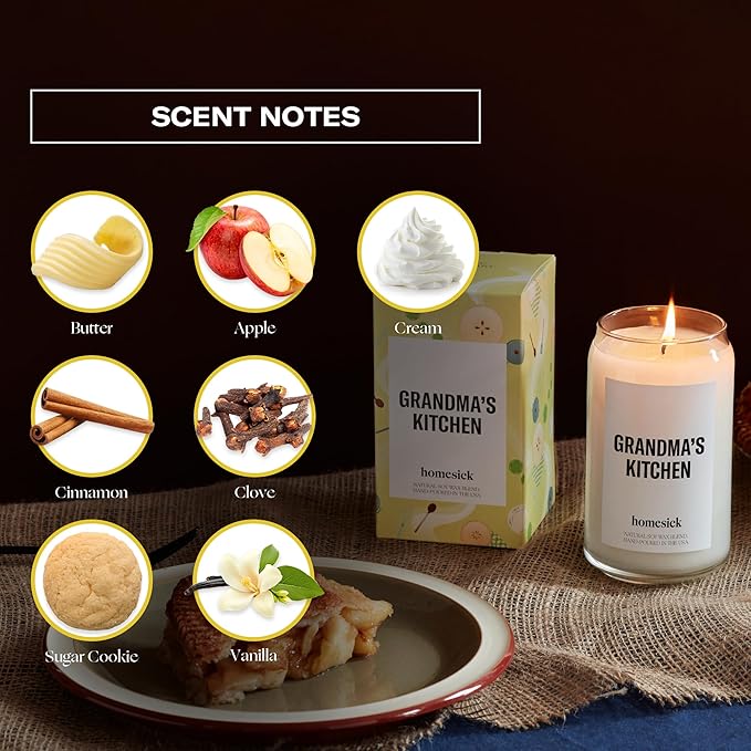 Homesick Scented Candles for Home (Grandma's Kitchen) - 13.75 oz Long-Lasting Natural Soy Wax Blend Jar Candle Gifts for Women & Men, 60-80 Hours Burn Time - Notes of Butter, Apple & Cream - Bloomnest