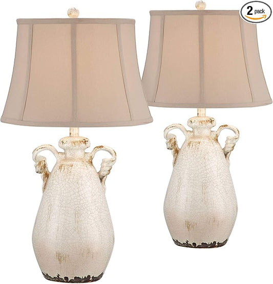 Regency Hill Isabella Rustic Country Cottage Table Lamps 29" Tall Set of 2 Crackled Ivory Glaze Ceramic Handles Jar Beige Bell Shade for Bedroom Living Room House Bedside Nightstand Office - Bloomnest