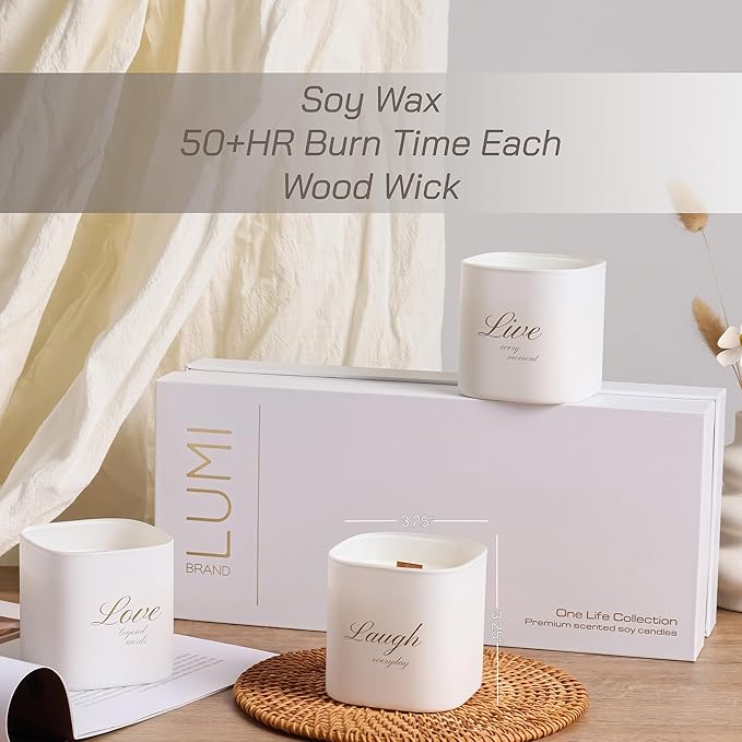 Set of 3 Premium Scented Soy Candles Gift Set | One Life Collection - Orange Blossom, White Tea & White Bloom | Crackling Wood Wick | Luxury Candle Set for Relaxation, Home Décor & Gifts | 9.8oz Each - Bloomnest