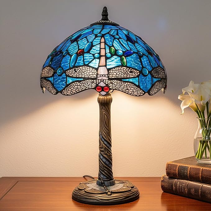 Tiffany-Style Table Lamp, 12" Blue Dragonfly Handmade Stained Glass Lamp Shade, Vintage Reading Light for Bedroom Living Room, LED Bulb Included - Bloomnest