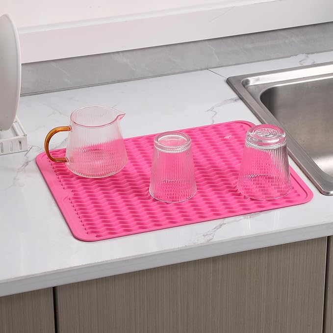 Silicone Dish Drying Mat for Multiple Usage,Easy clean,Eco-friendly,Heat-resistant Silicone Mat for Kitchen Counter or Sink,Refrigerator or drawer liner Rose L 16 inches x 12 inches - Bloomnest