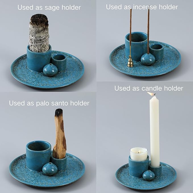 5 in 1 Incense Holder Burner, 5.9" Ceramic Holder for Burning Palo Santo Sage Candle and Incense Sticks Cones, Ash Catcher Tray for Meditation Room Home Décor(Blue) - Bloomnest