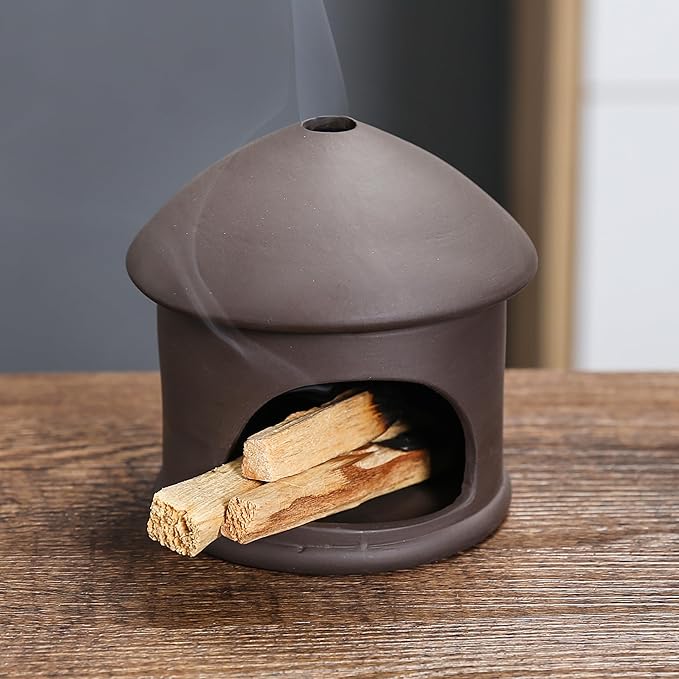 Palo Santo Holder, Sage and Palo Santo Stick Burner Holder, Chiminea Incense Holder, Handmade Ceramic Smudge Bowl, Ash Catcher with Mini Chimney, for Energy Cleansing, Yoga, Meditation Relaxation - Bloomnest