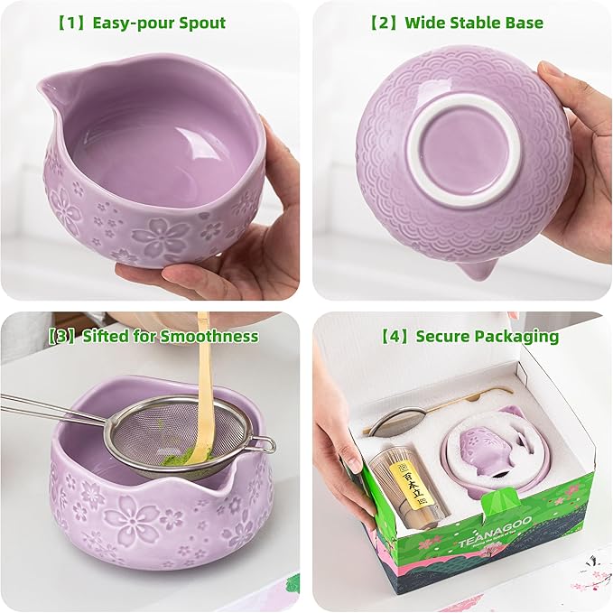 TEANAGOO 7-PCS Purple Matcha Whisk Set with Cherry Blossom Design, Complete Ceremony Kit, Ceramic Chawan Bowl with Spout, Whisk & Accessories, Traditional Matcha Tea Set for Lattes& Gift Giving - Bloomnest