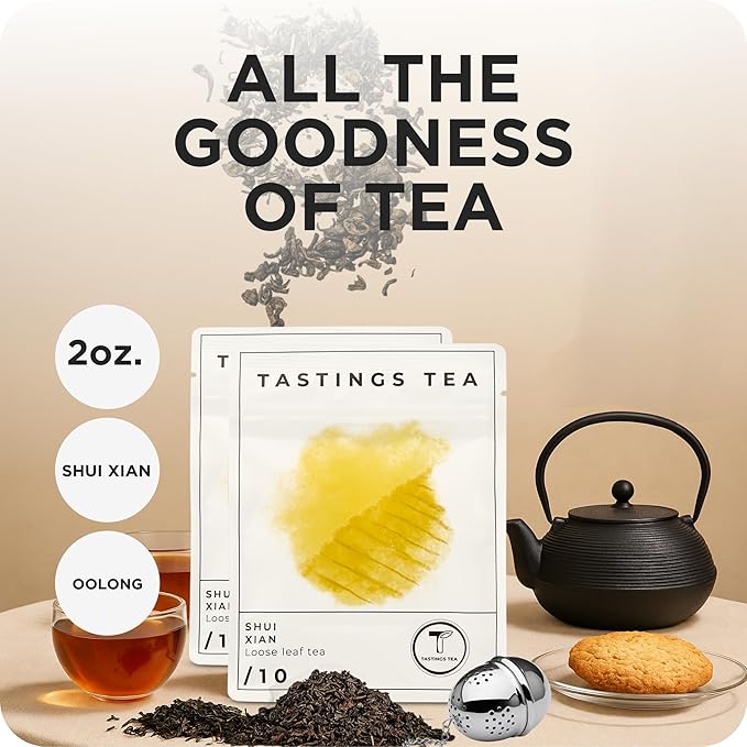 Tastings Tea Shui Xian Oolong Loose Leaf, 1.3 oz | Rich, Smoky & Sweet Traditional Chinese Leaves from the Fujian Province | Medium Caffeine | Small Batch & Sustainably Sourced | Resealable Pouch - Bloomnest