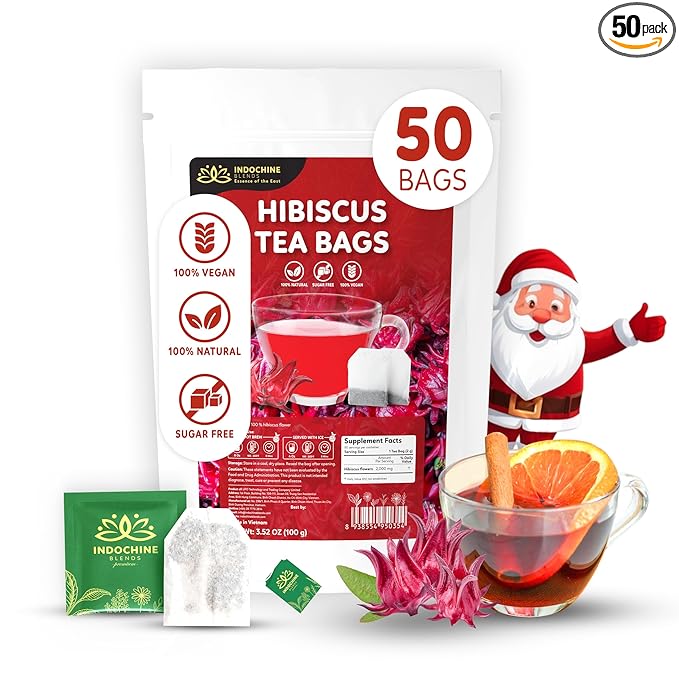 Indochine Blends Hibiscus Tea Bags | 100% Pure Hibiscus Flower | Sugar-Free, Caffeine-Free Herbal Tea | Double Chamber, Individually Wrapped Bags| Rich in Natural Goodness and Flavor | 3.5 oz | 50 Tea Bags - Bloomnest
