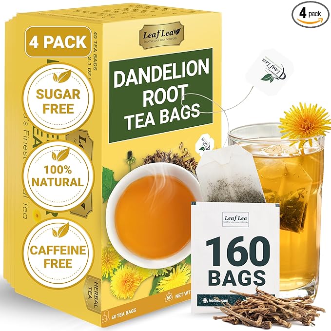 LeafLea Dandelion Root Tea Bags, 160 Dandelion Tea Bags Promotes Healthy Digestion & Immune Function, Herbal Tea from Pure Roasted Dandelion Root, Caffeine-Free, Vegan, Gluten-Free, No Sugar, 4 Pack - Bloomnest