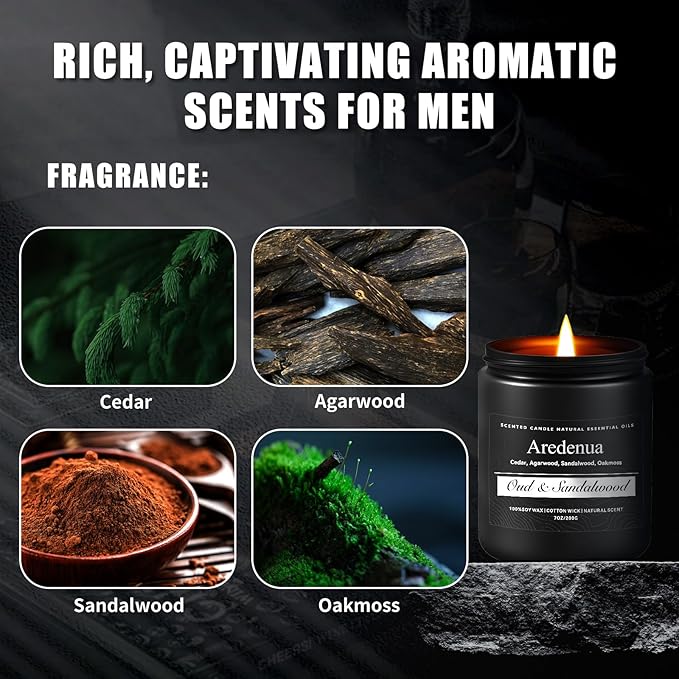 Oud & Sandalwood Candle – Luxurious Soy Scented Candles for Home & Office, Clean Burn, Long Lasting, Aromatherapy Candle for Men & Women, Rich Oud & Sandalwood Aroma - Bloomnest