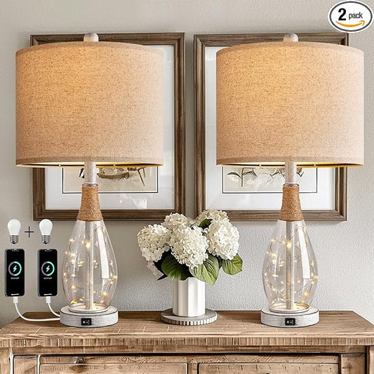 OYEARS 23" Table Lamps for Living Room Set of 2 Bedside Lamps for Night Stands Bedroom Lamps Farmhouse Rattan Boho Lamp Glass Nightlight End Table Lamp with USB C+A (White),Two Light Points - Bloomnest